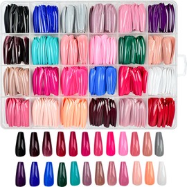 576Pcs Long Press on Nails Coffin Fake Nails Solid Color False Nails Full Cover Glossy Acrylic Glue on Nails 24 Color Reusable Artificial Nails Stick on Nails for Women Manicure
