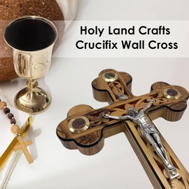 Holy Land Crafts Crucifix Wall Cross, Jesus Wall Cross Decor, Catholic Wall Hanging Crucifix, Wall Decor Hanging For Home Decor, Olive Wood Crucifix Wall Decor With Mother of Pearl, (9" x 6" x 1")