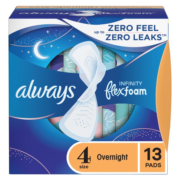 Always Infinity FlexFoam Pads for Women, Size 4, Overnight Absorbency, Unscented, 13 Count