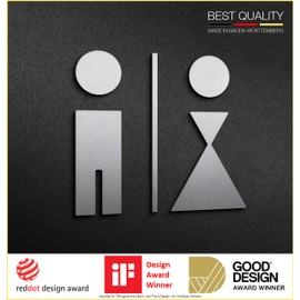 PHOS Design Toilet Symbols/Pictograms with Design Award, 11 cm Height, Women's Men's Toilets, Door Sign Stainless Steel Matt, Glue Without Drilling