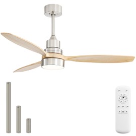 Sofucor 52 Inch Ceiling Fan with Lights Modern Wood Ceiling Fan Remote Control Dimmable LED Light 3 Blades Reversible DC Motor forBedroom Living Room Patio with Cover(brushnickle+Wood Color)