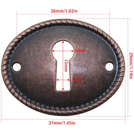 FMHXG 4PCS Elliptical Vintage Decorative Corner Code Lock Plates Red Antique Copper Metal Iron Keyhole Cover Pins 1.37x1.06 Inches for Drawer Installation Keyhole Covers Cabinet Doors Desks Boxes
