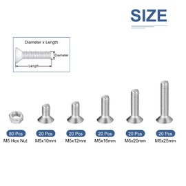 DTGN 180Pcs M5 x 10mm /12mm /16mm /20mm /25mm Flat Head Hex Socket Cap Screws Bolts Nuts Kit, 304 Stainless Steel, Full Thread, Countersunk Bolts