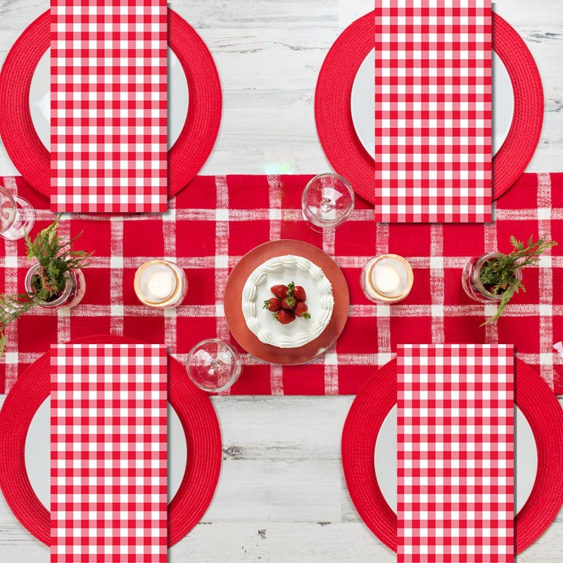 100 Pcs Red Gingham Napkins Disposable - Red and White