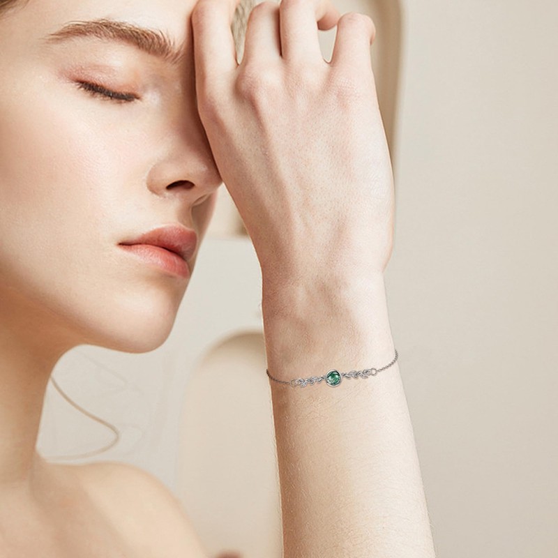 HUKKUN Moss Agate Bracelet Sterling Silver Leaf Bracelet Moss Agate