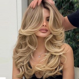 Layered Wavy Wigs with Curtain Bangs for Women Snythetic Butterfly Haircut Natural Black Wig with Bangs Hair for Women Layered Straight Heat Resistant for Daily Party Use (Golden Blonde#, 24inch)