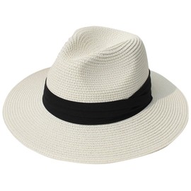 DRESHOW Women Wide Brim Straw Panama Roll up Hat Fedora Beach Sun Hat UPF 50+