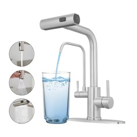 Kitchen Faucets with Water Filter and Pull Down Sprayer,Waterfall Kitchen Sink Faucet,Two Handle Sink Faucet with Pull Down Sprayer for 3 Function,Without Water Filtration Device,Brushed