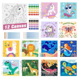CONDA 12 Pcs Pre Drawn Canvas to Paint 6x6 Inch, Animal Pre Printed Canvas for Painting with 12 Acrylic Paint Sets and 12 Brushes for Kids Beginners Students, DIY Paint Art Supplies