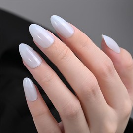 evpct Press on Nails Almond Short - Grey White Shimmer Pearl Glossy Soft Gel Press on Nails for Women Gift, Fit Perfectly & Natural Reusable Stick on Nails with Glue in 15 Sizes 30Pcs Fake Nail Kit 01