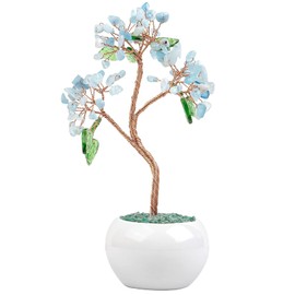 SUNYIK Handmade Healing Chakra Crystal Money Tree Feng Shui Bonsai Tree with Ceramic Base for Decor Wealth Good Luck, Aquamarine