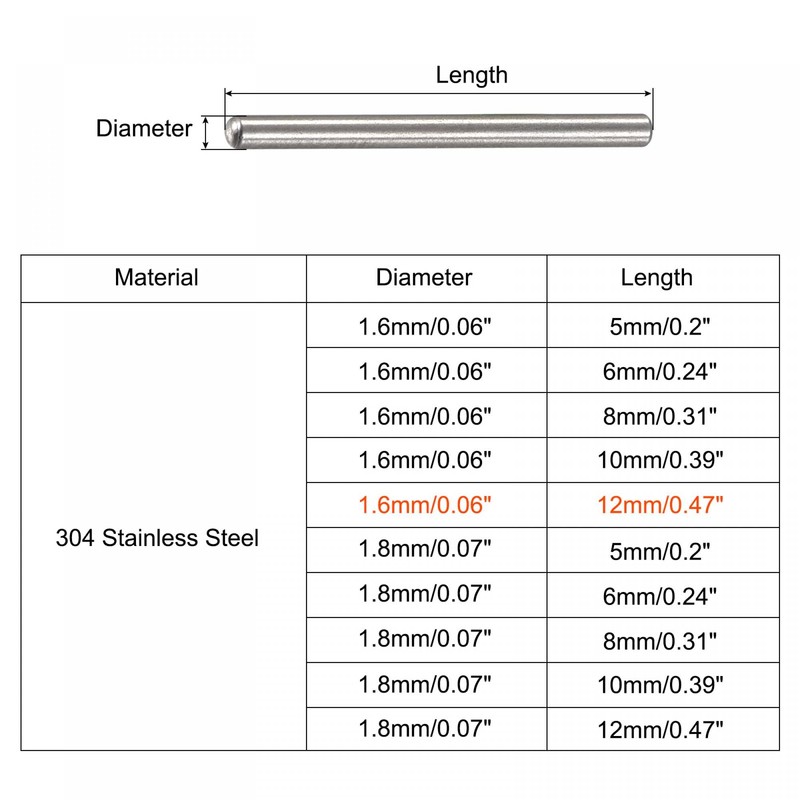sourcing map 1.6x12mm Dowel Pins, 20pcs 304 Stainless Steel Round