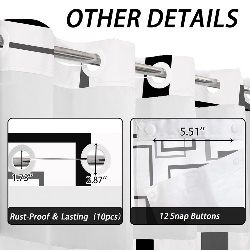 Black and White Hookless Shower Curtain with Snap in Liner,