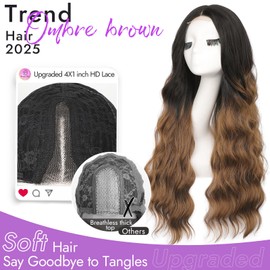 Eawwii Ombre Brown Wig for Women Long Wavy 4x1 Lace Natural Hairline Glueless for Beginners Middle Part Synthetic for Daily Party Use 30Inch