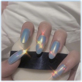 Allereya Long Aurora Fake Nails Metallic Almond Long Press On Nails Punk Prom Party Glossy Clip On Nails Ballerina Light Blue Aurora Nails for Women and Girls 24 Pieces