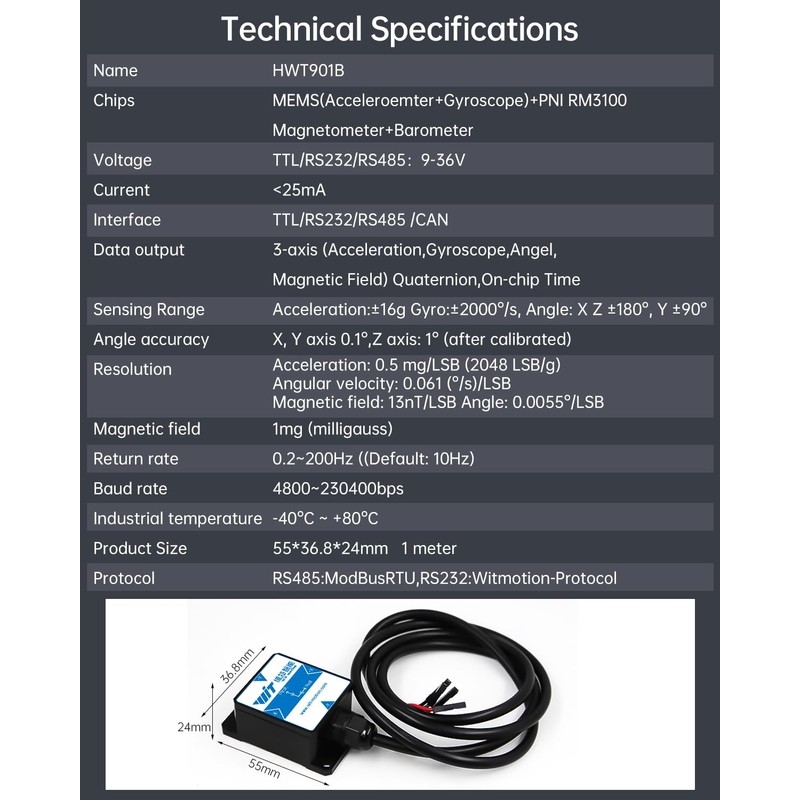 [Industrial Grade 0.1° Magnetometer] HWT901B-TTL MPU9250 3-Axis Accelerometer + Gyroscope