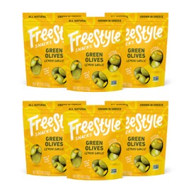 Freestyle Snacks Olive Snack Packs - Fresh Pitted Green Olives, Jumbo-Sized, Grown in Greece, All Natural, Non-GMO, Paleo, Sugar-Free, Keto Snacks, Low Calorie Snacks - Lemon Garlic, 4oz (6 Pack)