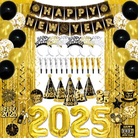 New Years Eve Party Supplies 2025,Black Gold 2025 Happy New Years Decorations Set,Happy New Year Banner,Hat,New Year Hanging Swirls,Headband Tiara,Foil Balloons,Curtain