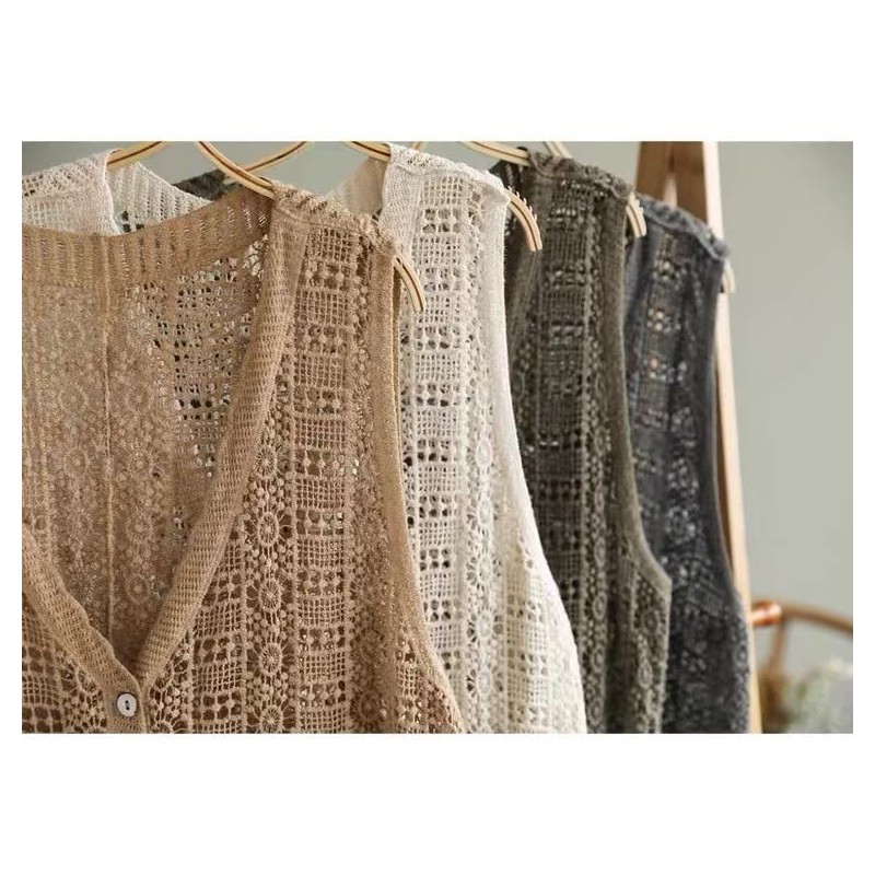 Qian qian Women's Vest, Lace Knitting, Hollow Knitting, V Neck