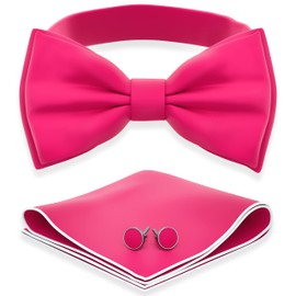 Adam Young Men's Rose Magenta Bow Tie with Handkerchief & Cufflinks Pre-Tied Style Formal Satin Classic Bowtie for Tuxedo Faux Silk (Large, Hot Pink)