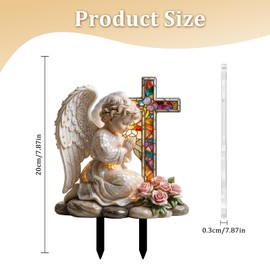 Orsefeliy Angel Garden Stake with 2 Prongs, Flat Garden Ornaments with Cross, Healing Garden Decoration for Grave, Patio and Lawn, Sacred Guardian Angel Gifts for Gardening Enthusiasts