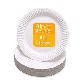 PACK OF 100, Large Paper Plates 23cm/9", Disposable Paper Plates, Disposable Party Plates for HOT & COLD Food, USED for Birthday Party Plates, Christmas Party Plates, Kid's Parties, Picnics, BBQ's