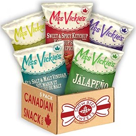 Over 2lbs of Miss Vickies Chips (5ct) variety pack - Imported From Canada | Ketchup, Jalapeno, Dill Pickle, Sea Salt, and BBQ | Canadian Gift - by Snowbird Sweets