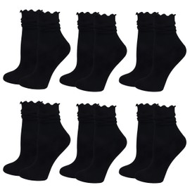 BABAHU 6 Pairs Womens Ruffle Socks Casual Cute Cotton Ruffle Knit Socks, A01 6pcs Black