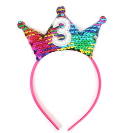 Agkvw Rainbow Birthday Crown Headband - Rainbow Glitter Girls Birthday Party Hair Accessories, Pearl Number Birthday Crown Headband (rainbow 3rd birthday crown headband)