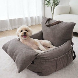 furMe Classic Pet Car Seat and Travel Bed - Foldable Brown Pet Bed with Top Holders and Pockets, Pet Car Seat with Removable and Washable Cover