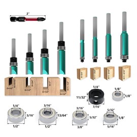 CSOOM Pack of 10 Flush Cutter with 2 Impact Magnetic Bits, 6 Bearings, 2 Wrenches, 8 mm Shank Flush Cutter Set, Carbide Cutters, Tools for Woodworking (Green)