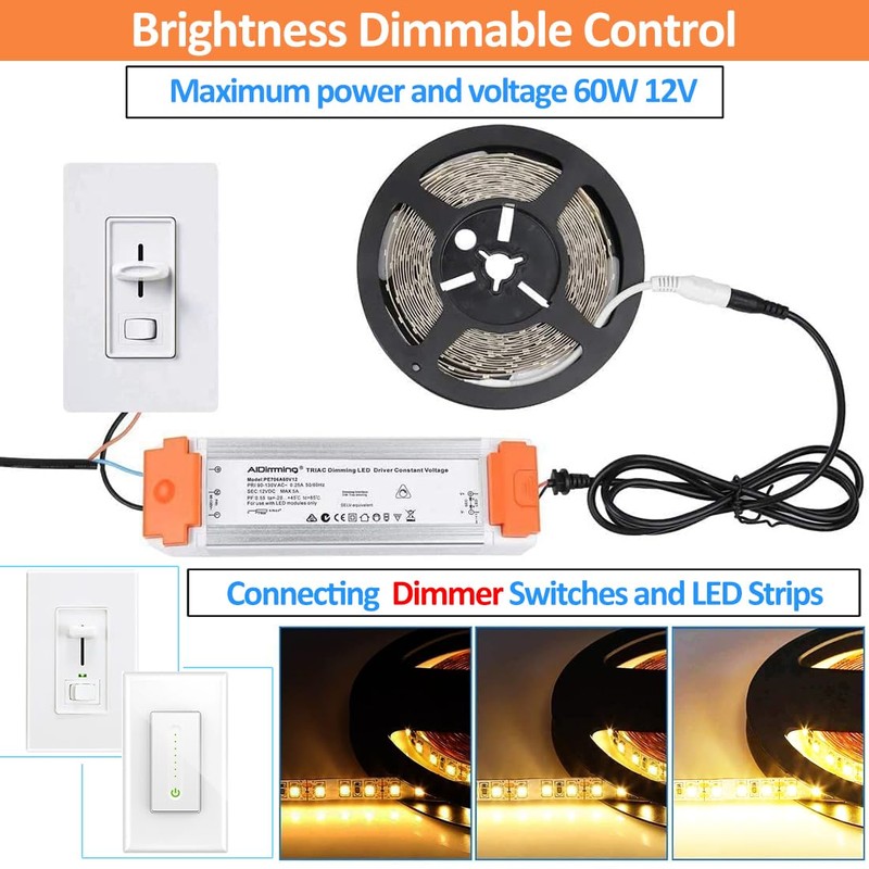LEDMO Dimmable LED Driver 12V DC 60W Quiet Operation Universal