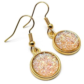 Sandy Beige Druzy Resin Earrings - Elegant Shimmery Round Charm Beads on Nickel Free Gold Colour Hooks : 35mm