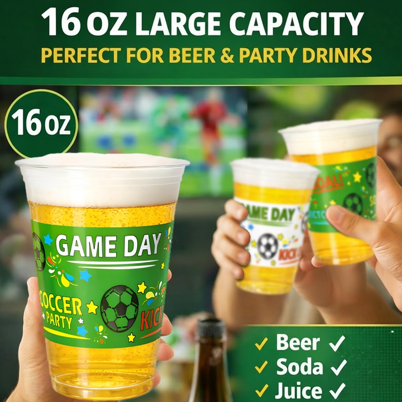 Soccer Party Cups 16 oz, 50 Pack Disposable Plastic Drinking