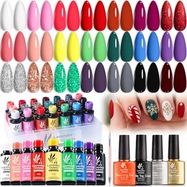 Lavender Violets Juego De 26 Esmaltes De Uñas En Gel Colores Rosa, Rojo, Gris Azul Y Verde Brillante Con 4 Frascos De Capa Superior Brillante Y Mate, 
