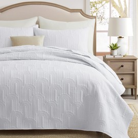 Lavsiry White Quilt Queen Size with Pillow Shams, Summer Lightweight Full Size Arch Pattern Bedspreads, Soft Microfiber Coverlet Thin Comforter Bedding Set for All Seasons