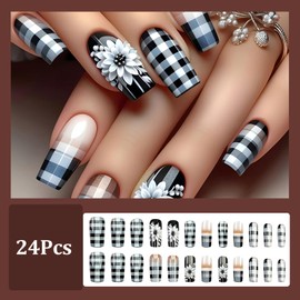 24 Pcs Coffin Press on Nails Medium Floral Fake Nails with Glue Reusable False Nails with White Flower Grids Design Full Cover Acrylic Nails Press ons Spring Holiday Glue on Nails for Women Girls