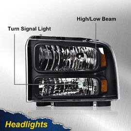 CHEDA Headlights, Compatible with 1999 2001 2002 2003 2004 Ford F250 F350 F450 F550 Super Duty Bumper Headlamp (Clear lens Black Housing Amber Reflector)