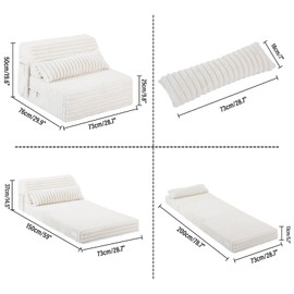 Tiita Folding Sofa Bed - 4-Fold Convertible Sleeper Chair with Corduroy Cover and Rectangular Pillow, Floor Sofa Mattress for Adults, Single Size, Beige