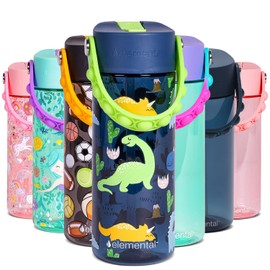 Elemental Water Bottles for Kids - Splash Kids Water Bottle for School with Pop-it Handle - BPA Free Tritan Plastic Water Bottle with Straw Leak Proof when Spout is Closed - Dinosaur- 18oz