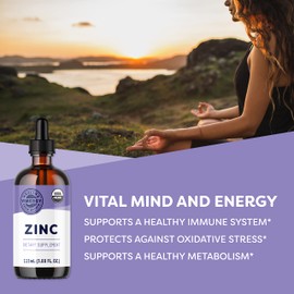 Vimergy Organic Zinc Supplements For Women & Men (7.5mg Liquid Zinc Per Serving) Fast-Absorbing Immune Support, Promotes Healthy Bones & Skin, USDA Certified Organic, Vegan, Up to 57 Servings (115 mL)