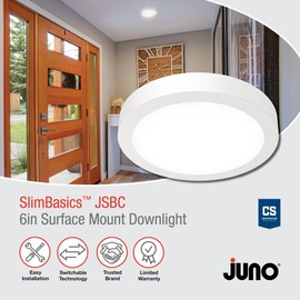 Juno Slim Basics 6 Inch LED Ceiling Light, Low Profile Surface Mount Downlight for Shower or Closet Lighting, 3000K/4000K/5000K Selectable White Light, Edged Trim, Wet Rated, Matte White
