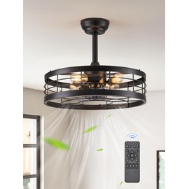 LEDIARY 20 inch Fandelier Caged Ceiling Fan with Light, Bladeless Ceiling Fan with Remote, Farmhouse Fan Lights Ceiling Fixtures for Kitchen, Bedroom, Outdoor(6 Speed, Timing)-Black