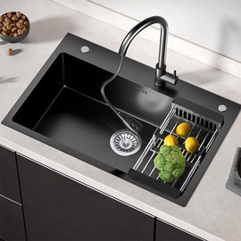 Affodwzun Black Undermount Kitchen Sink, Stainless Steel Single Bowl Sink with 3 Holes, Drop in/Topmount Workstation Sink, Farmhouse Rectangle Basin with Multiple Accessories (23.6 * 17.7 * 7.9in)