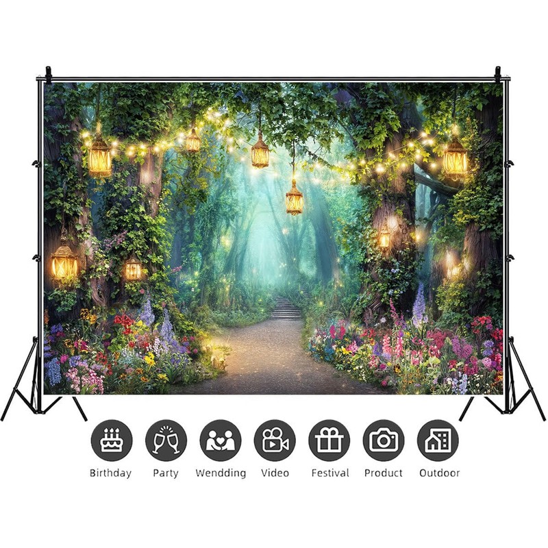 Enchanted Forest Backdrop, Fairy Tale Green Jungle Party Decorations Photography