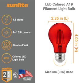 Sunlite LED Colored Filament A19 Light Bulb, 4.5 Watts, Medium E26 Base, 120 Volts, Transparent Red, Dimmable, 320 Degree Beam Angle, UL Listed, 6 Count