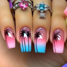 Short Press on Nails Summer Palm Tree Fake Nails Pink Blue Hawaii Beach Nail Designs Coffin Glue on Nails Reusable Acrylic False Nails Artificial Fingernails for Women DIY Summer Nail Art, 24Pcs
