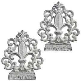 Lulu Decor, Cast Iron Fleur De Lis Door Stop, Door Stopper in Antique White Finish, Beautiful and Useful Product, Simply Insert Flat Base Underneath Your Door Space, Works Great (2 Piece)