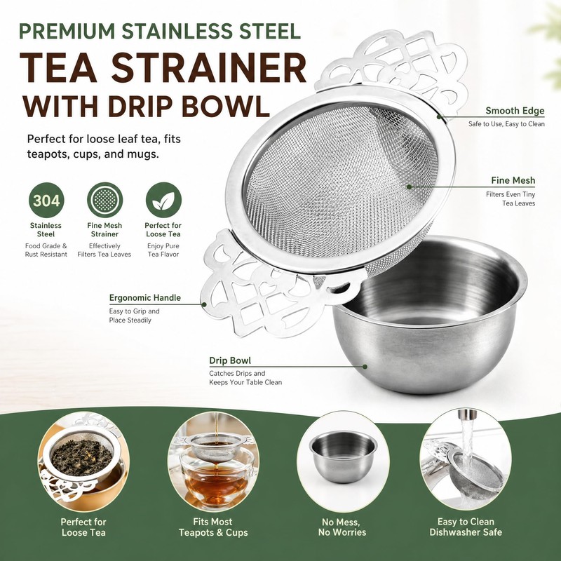 Tea Strainer Stainless Steel, Fine Mesh for Loose Tea with