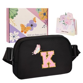 ONETOALL Birthday Gifts for 4 5 6 7 8 9 10 11 12 13 Year Old Girls, Small Waist Fanny Pack, Crossbody Belt Bag with Initial Letter Patch, Nylon, Adjustable Strap, for Teen Girls